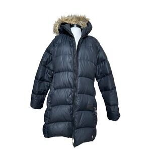 Mountain Hardwear Womens Black Down Puffer Parka Coat Hooded‎ Fur Trim L *FLAWS*